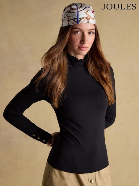 Joules Amy Black Long Sleeve High Frill Neck Jersey Top (AU2069) | 139 QAR