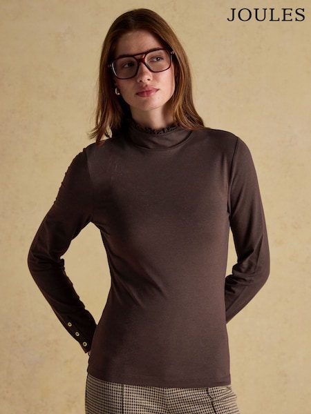 Joules Amy Chocolate Brown Long Sleeve High Frill Neck Jersey Top (AU2073) | 139 QAR