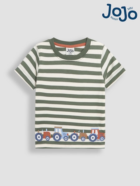 JoJo Maman Bébé Khaki Tractor Appliqué Border T-Shirt (AU2092) | €27 - €32