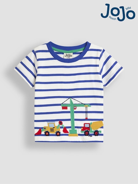JoJo Maman Bébé White Construction Vehicle Appliqué Border T-Shirt (AU2094) | €27 - €32