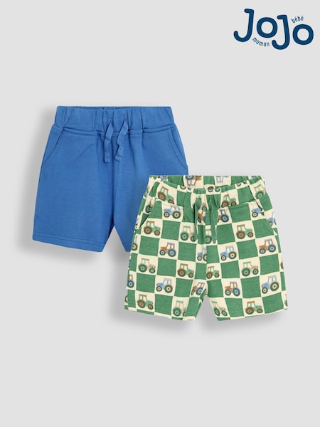 Khaki-grüner Traktor & Solides Blau - JoJo Maman Bébé 2-Pack Printed & Plain Shorts (AU2203) | 30 € - 35 €