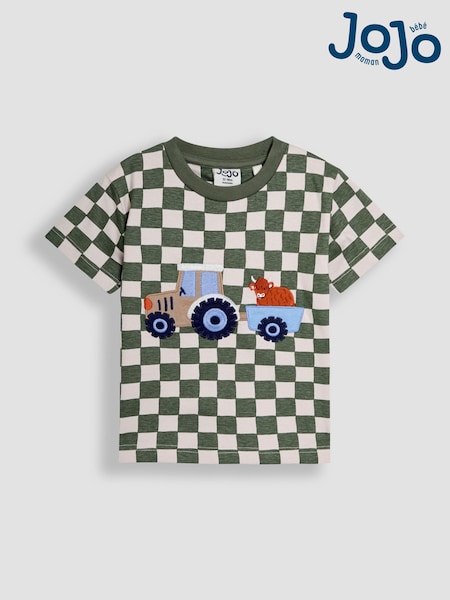 Khaki traktori - Jojo Maman Bébé Appliqué Checkerboard T-paita (AU2218) | €26 - €31