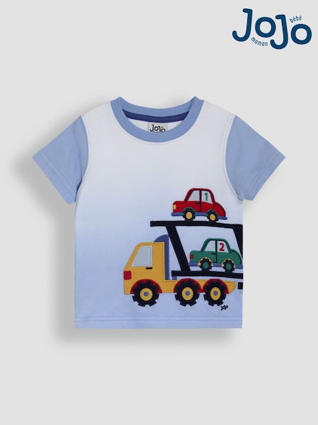 JoJo Maman Bébé Blue Car Transporter Appliqué T-Shirt (AU2230) | €27 - €32