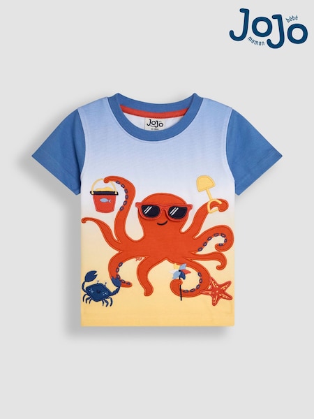 JoJo Maman Bébé Blue Octopus Interactive Appliqué 100% Cotton T-Shirt (AU2243) | R$ 160 - R$ 190