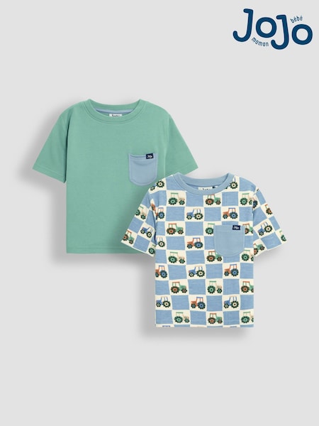 Blue Tractor Checkerboard - JoJo Maman Bébé Printed and Plain T-Shirts 2 Pack (AU2252) | 32 € - 37 €