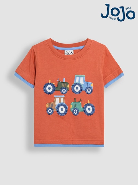 JoJo Maman Bébé Orange Tractor 100% Cotton Appliqué T-Shirt (AU2259) | kr228 - kr271
