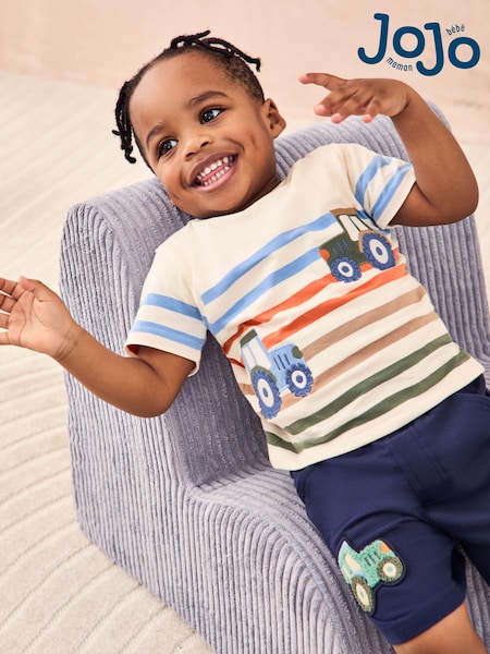 JoJo Maman Bébé Ecru Stripe Tractor Appliqué T-Shirt (AU2272) | €26 - €30