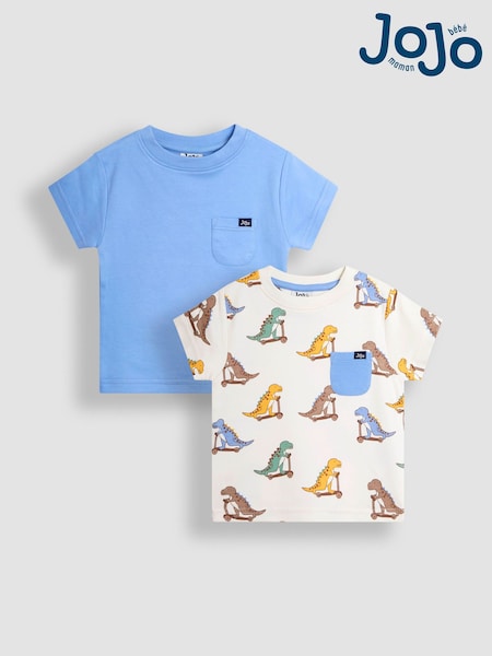 Blue Scooting Dino - JoJo Maman Bébé Printed and Plain T-Shirts 2 Pack (AU2276) | 32 € - 37 €