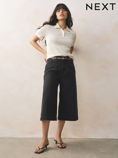 Black Pleated Front Denim Longline Shorts (AU2324) | $59