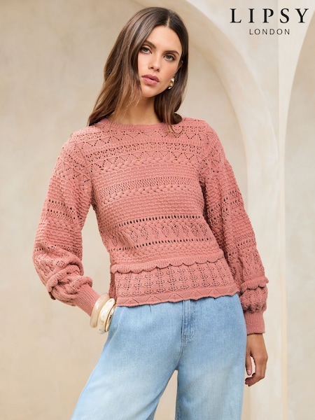 Lipsy Pink Crochet Summer Stitch Pointelle Knit Long Sleeve Top (AU2425) | 2,403 UAH