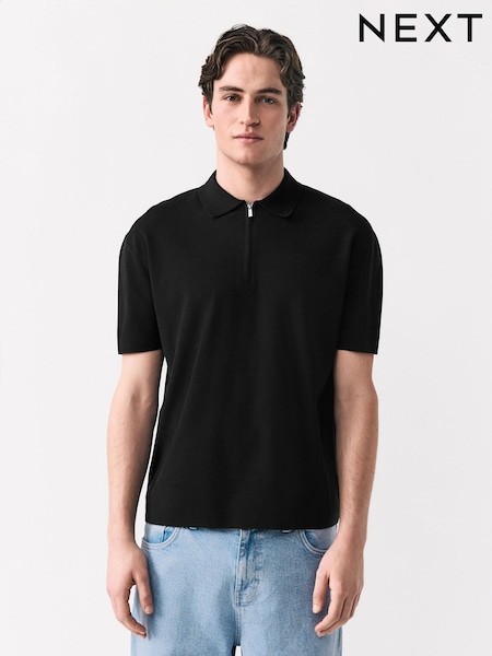 Black Relaxed Fit Premium Short Sleeve Knit Quarter Zip Polo Shirt (AU2505) | €34