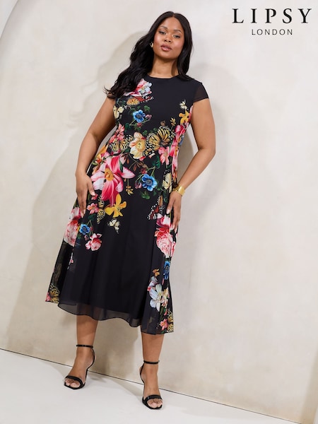 Lipsy Black Curve Floral Printed Chiffon Fit And Flare Midi Dress (AU2511) | ₪402