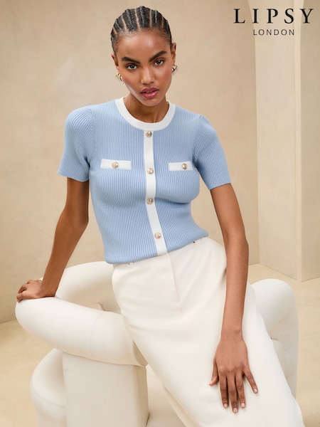 Lipsy Blue Tipped Mock Button Short Sleeve Knitted Top (AU2546) | €48