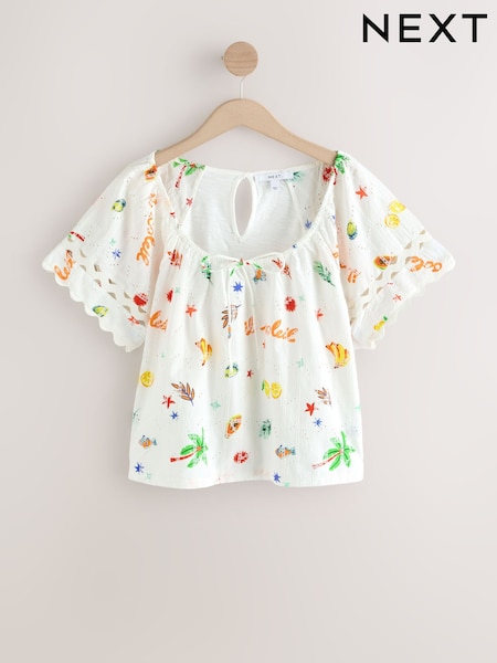 Multi Broderie Boho Short Sleeve Ric Rac 100% Cotton Top (AU2583) | R$ 200