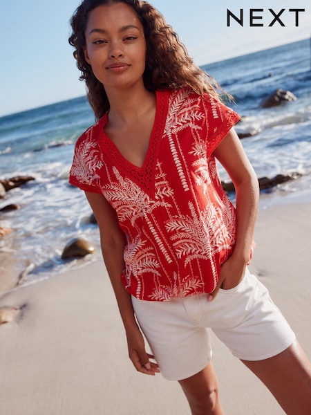 Red/Ecru Short Sleeve Lace V-Neck Bubblehem 100% Cotton Top (AU2584) | €16