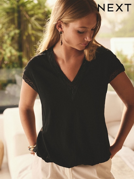 שחור - Short Sleeve Lace V-neck Bubblehem 100% Cotton Top (AU2594) | ‏42‏₪