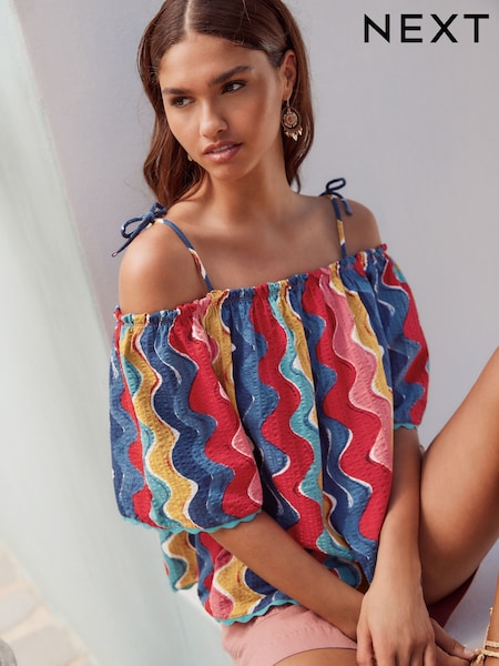 Multi Colour Wave Print Strappy Bardot Short Sleeve 100% Cotton Top (AU2601) | €23