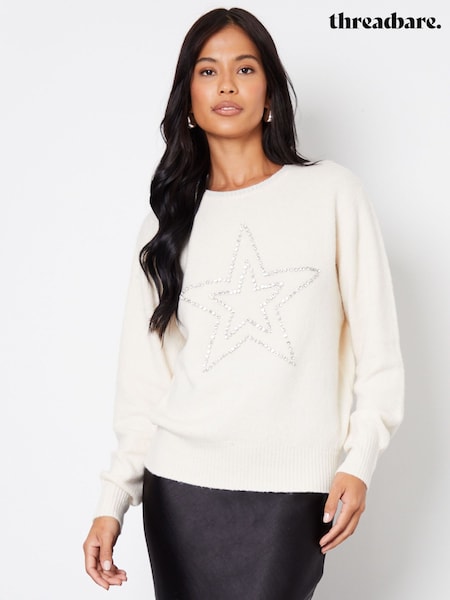 Threadbare Cream Embellished Star Balloon Sleeve Knitted Jumper (AU2650) | €32