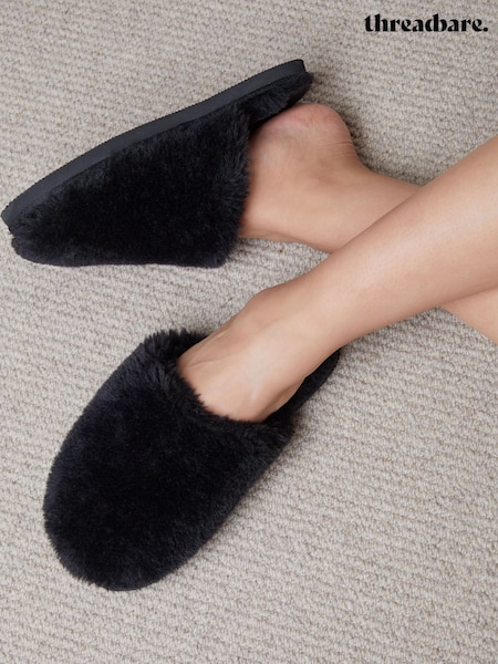 Threadbare Black Faux Fur Mule Slippers (AU2670) | €31