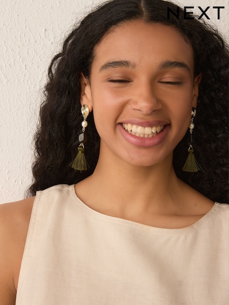Khaki Green Tassel Drop Earrings (AU2689) | 63 QAR