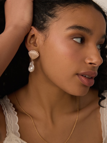 Gold Tone Metal Shell Drop Earrings (AU2694) | AED42