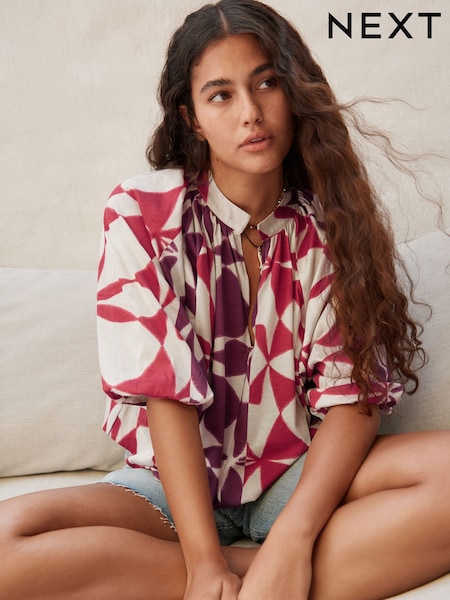 Red/Ecru Geo 100% Cotton Volume Sleeve V-Neck Blouse (AU3118) | €30
