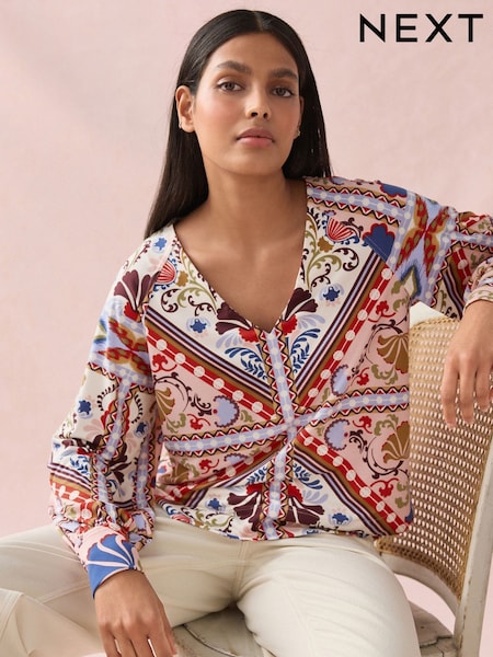 Multi Tile Print Long Sleeve V-Neck Jersey Blouse (AU3125) | 1,131 UAH