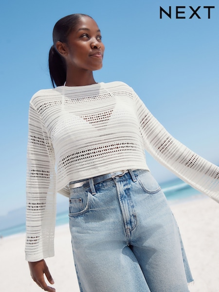 בז' - Crochet Lightweight Long Sleeve Top (AU3130) | ‏113‏₪