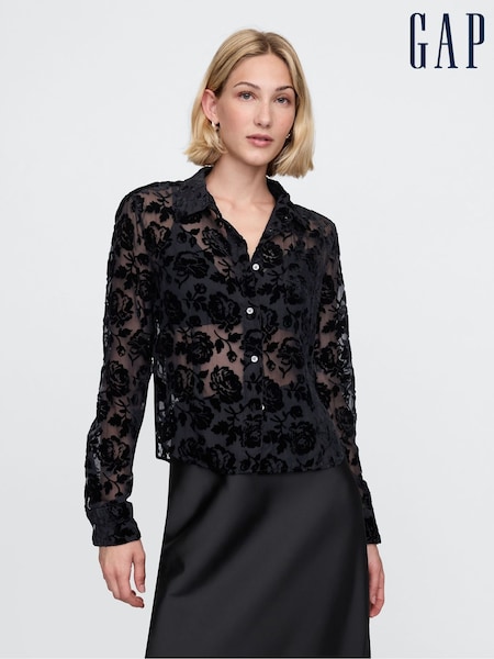 Gap Black Floral Long Sleeved Cropped Velvet Shirt (AU3167) | €31