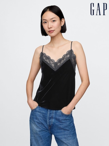 Gap Black V-Neck Velvet Lace-Trim Cami Top (AU3172) | €27