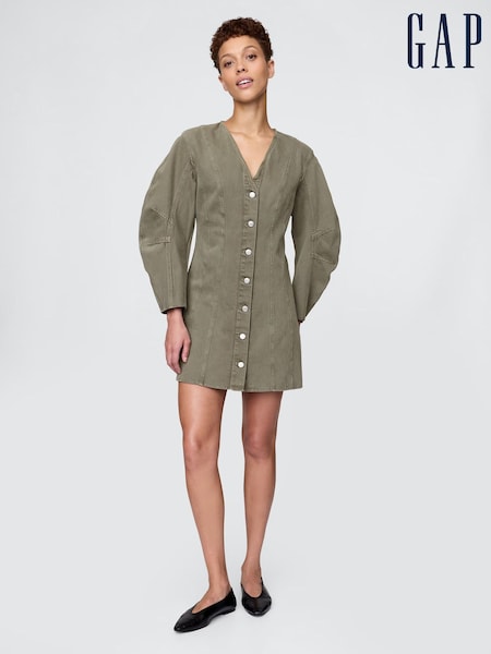 Gap Green Barrel Long Sleeve 100% Cotton V-Neck Shirt Dress (AU3243) | €104