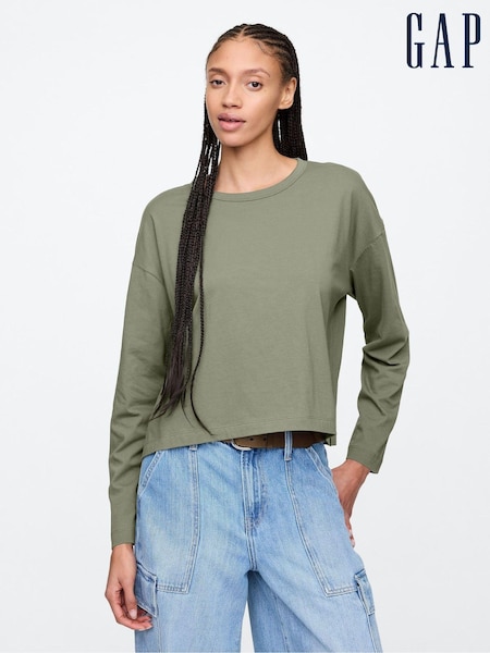 Verde - Gap Favorite Oversized Cotton-Modal Guler rotund Mânecă lungă Tricou (AU3259) | 104 LEI