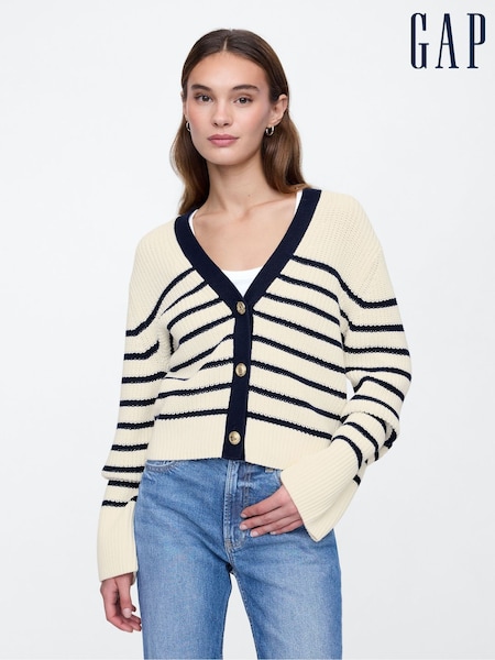 V kremni in črni barvi - Gap Stripe 100% Cotton V-Neck Cardigan (AU3272) | € 52