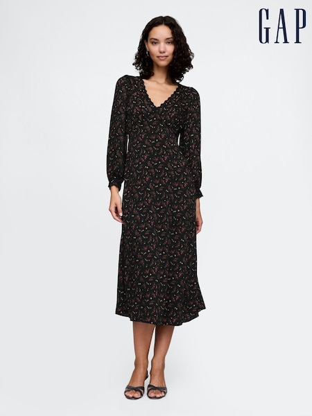 Gap Black Floral Satin Empire Midi Dress (AU3290) | €41