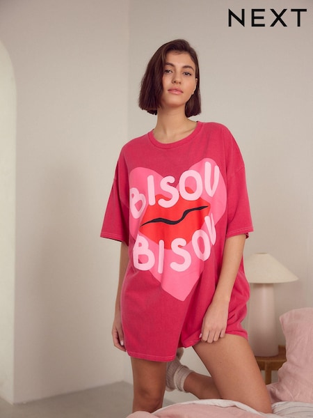 Pink Bisou Bisou Oversized 100% Cotton Night T-Shirt (AU3409) | €15