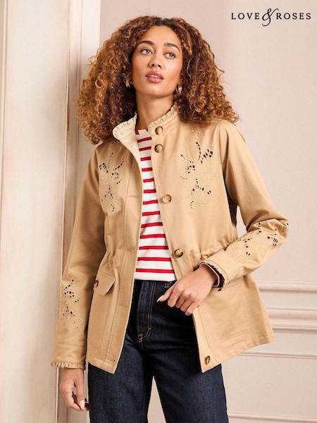 Love & Roses Cotton Embroidered Utility Jacket (AU3648) | 514 LEI