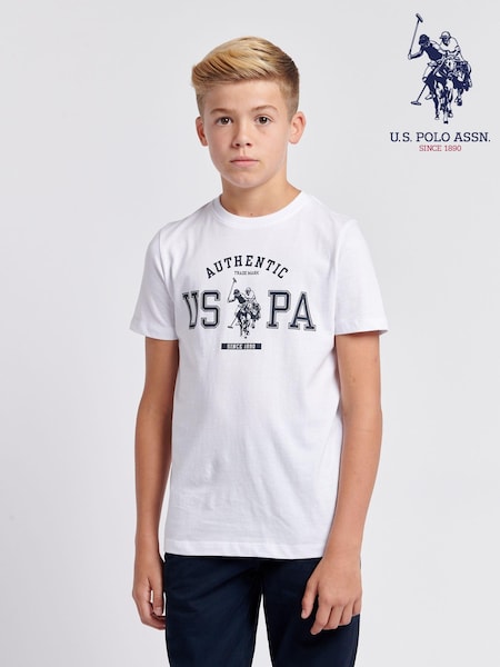 أبيض - U.S. Polo Assn. Boys 100% Cotton Authentic Graphic T-Shirt (AU3907) | ‏74 ر.ق. - ‏89 ر.ق.