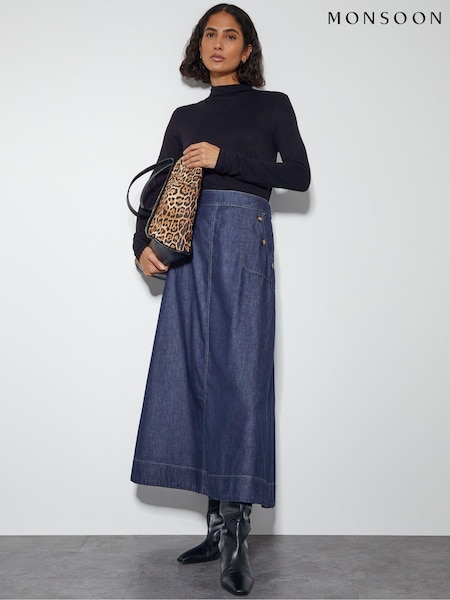 Monsoon Blue 100% Cotton Harper A-Line Denim Midi Skirt (AU3916) | $95
