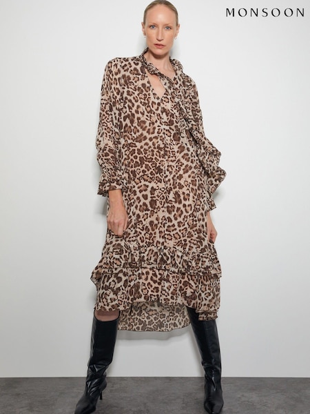 Monsoon Brown Allegra Pussybow Leopard Print Midi Dress (AU3934) | 272 QAR