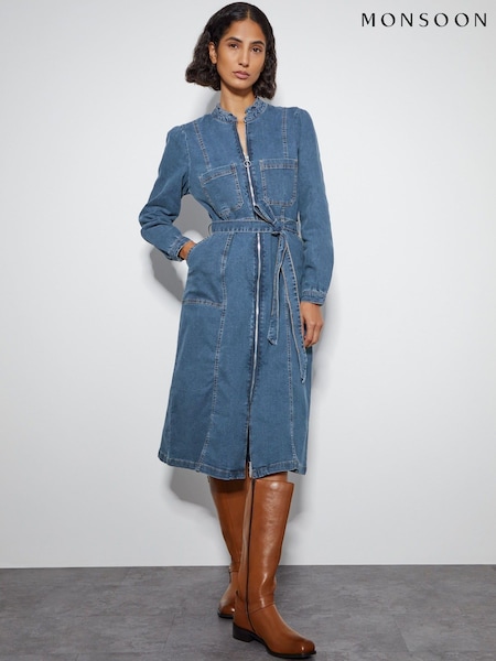 Monsoon Blue Izzy Long Sleeve Denim Zip Midi Dress (AU3946) | €67