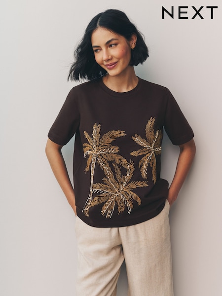 Schokoladenbraun - Short Sleeve Palm Tree Embellished 100% Cotton T-Shirt (AU3992) | 39 €