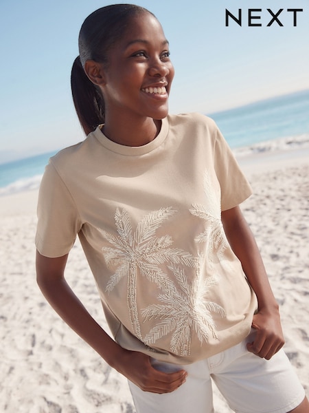 Stone - Short Sleeve Palm Tree Embellished 100% Cotton T-Shirt (AU4000) | 39 €