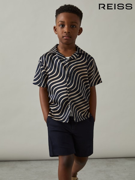 Reiss Navy/Off White Carbello 3-9 yrs Wave-Print Cuban-Collar Shirt (AU4108) | €64