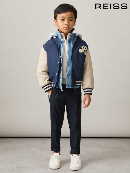 Reiss Airforce Blue/Off White Fred 3-9 yrs Logo Patch Hooded Varsity Jacket (AU4110) | €110