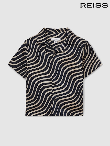 Reiss Navy/Off White Carbello 13-14 yrs Wave-Print Cuban-Collar Shirt (AU4117) | €73