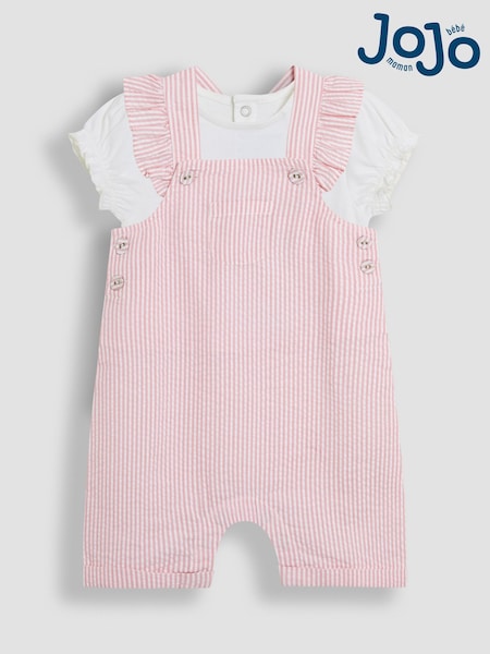 JoJo Maman Bébé Pink 2-Piece Seersucker Stripe Dungarees & T-Shirt Set (AU4153) | €40 - €43