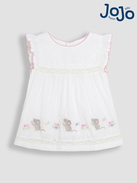 JoJo Maman Bébé White Mouse Appliqué Ruffle 100% Cotton Blouse (AU4155) | €30 - €35