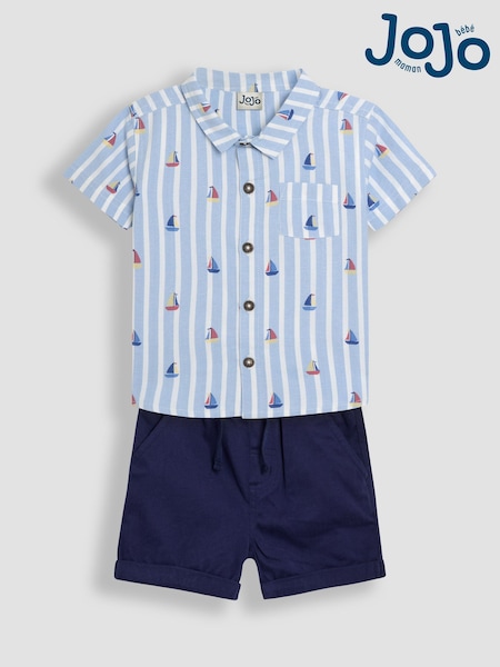 JoJo Maman Bébé Blue Sailboat 2-Piece Printed Shirt & Twill Shorts Set (AU4163) | 148 QAR - 178 QAR