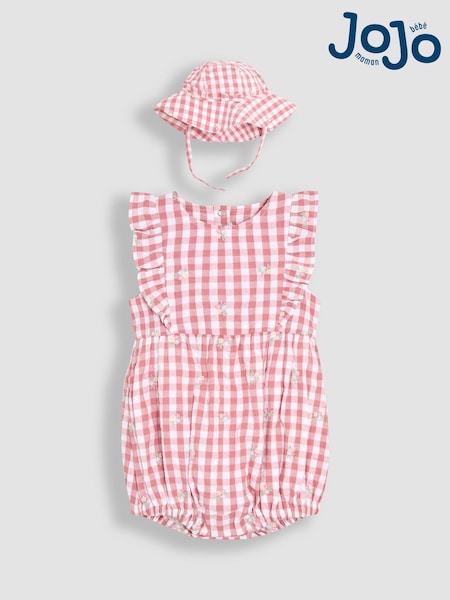 JoJo Maman Bébé Pink Floral Embroidered 2-Piece Frill-front Romper & Hat Set (AU4166) | €48 - €49