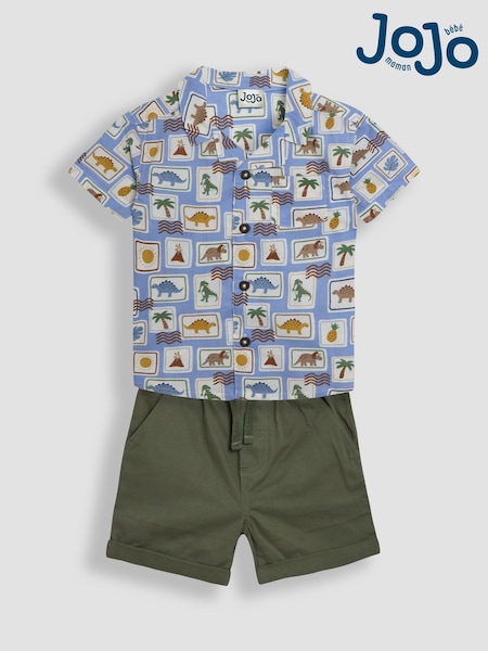 JoJo Maman Bébé Khaki Dino Stamp 2-Piece Printed Shirt & Twill Shorts Set (AU4171) | kr428 - kr514